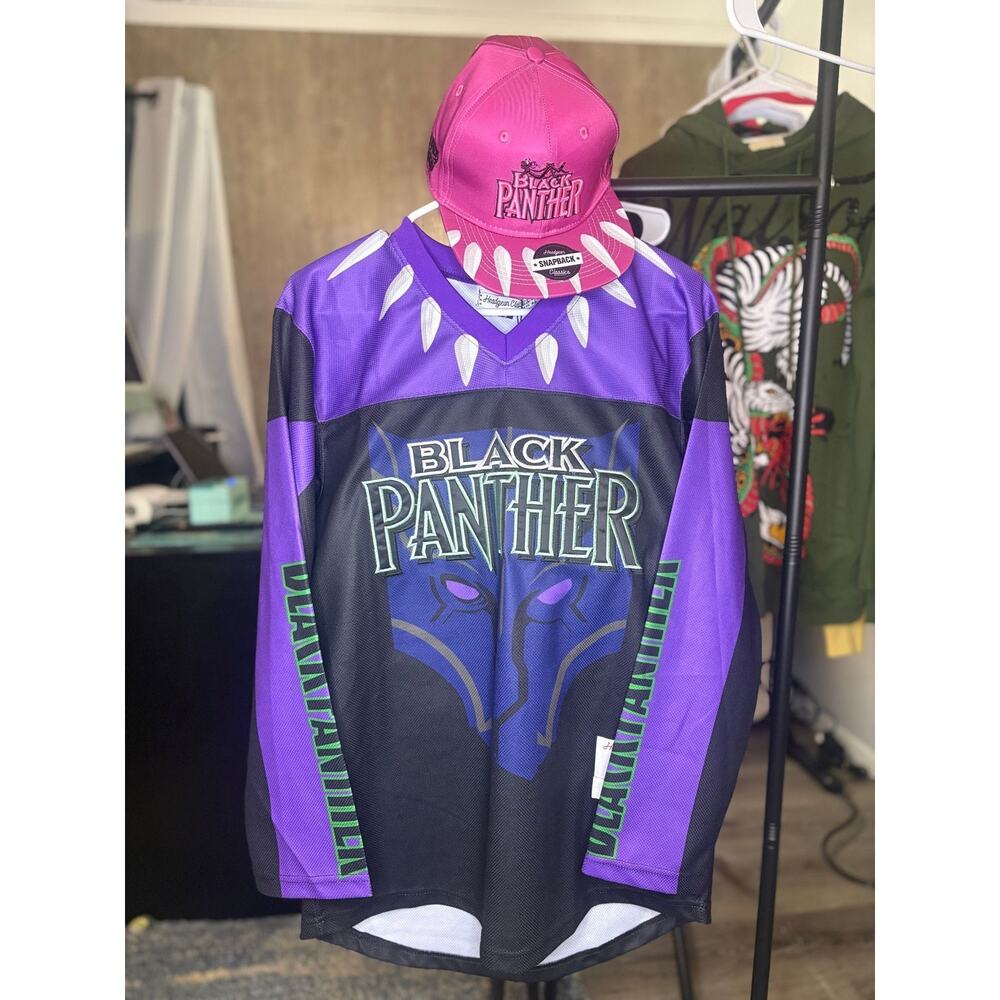 SZ S - Black Panther - HeadGear Hockey Jersey & SnapBack Hat, new w/tags